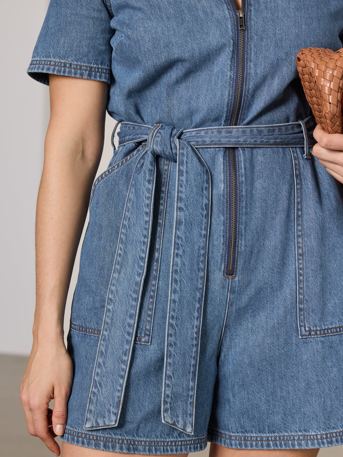 Short-Sleeve Denim Mini Dress Romper