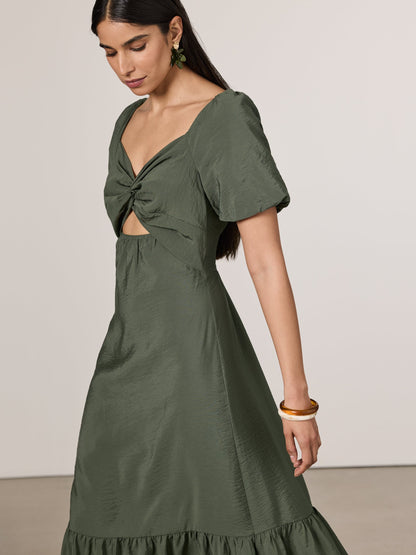 Short-Puffy-Sleeve Tiered Maxi Dress