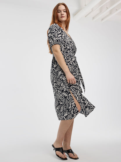 Short-Puffy-Sleeve V-Neck Midi Dress